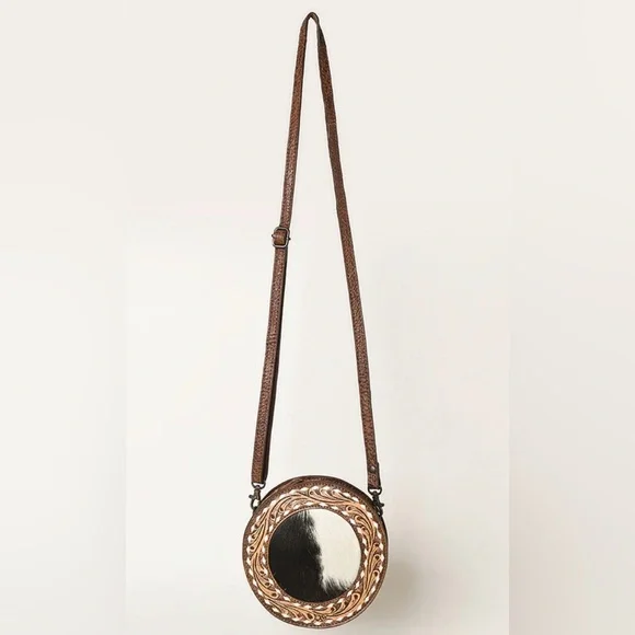 Western Bag Round Cowhide & Tooled Leather Canteen Bag On-hide Circle Bag - Picture 5 of 6